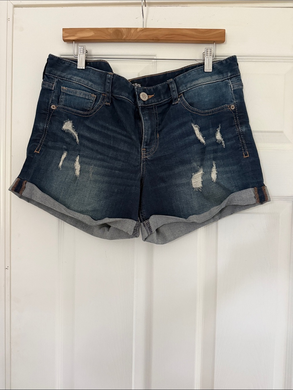 Women's Dark Blue Distressed Cuffed Denim Shorts